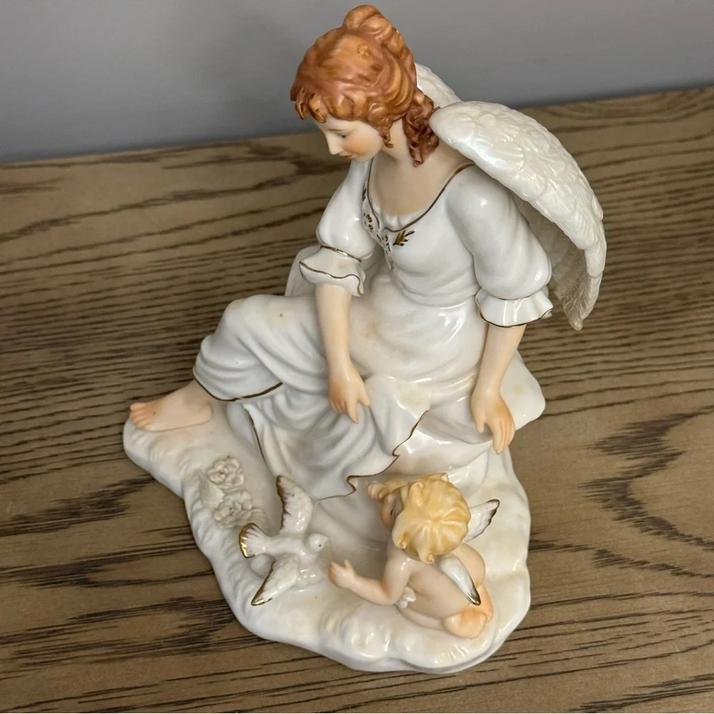 O'Well Angel & Cherub W/Bird~Lyre Porcelain Figurine Ivory & Gold